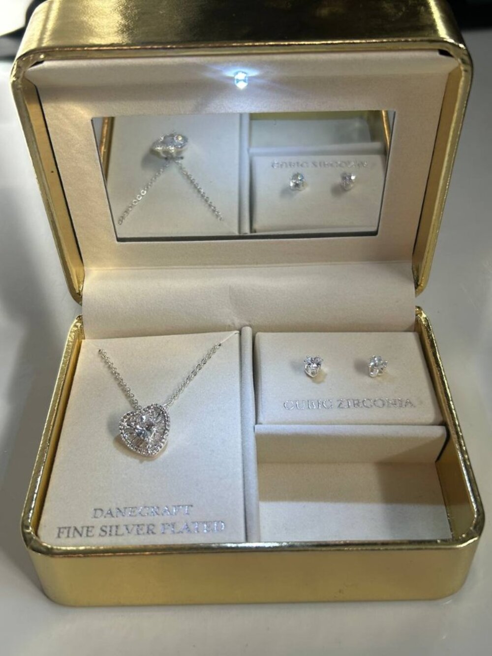 Danecraft Fine Silver Plated Heart Necklace & CZ Stud Earrings Set